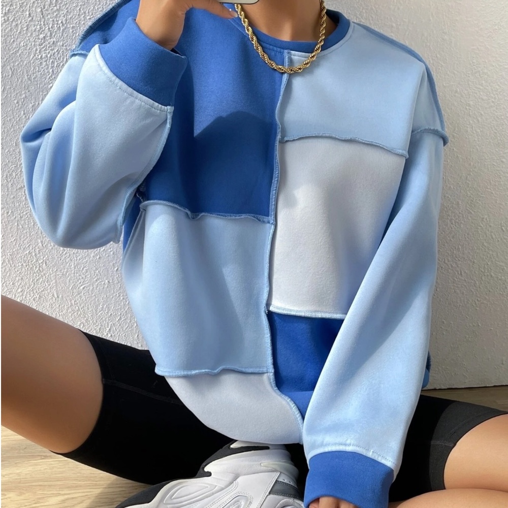 Color Block Top-stitching Drop Shoulder Pullover -SHEIN-